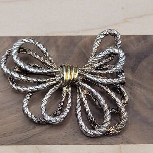 Vintage Two Tone Silver And Gold Metal Bow Rope Design Brooch Pin